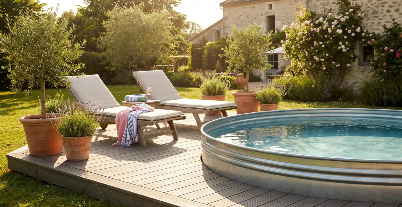 Abords d'une piscine acier hors-sol aménagés avec une terrasse en bois composite et des plantes en bacs